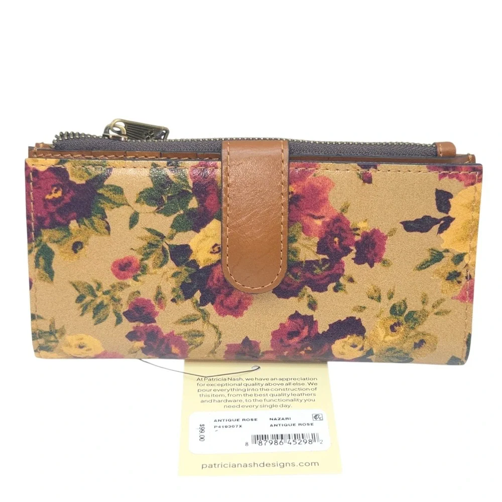 Patricia Nash Nazari Antique Rose Floral Bifold Leather Wallet RFID Blocking